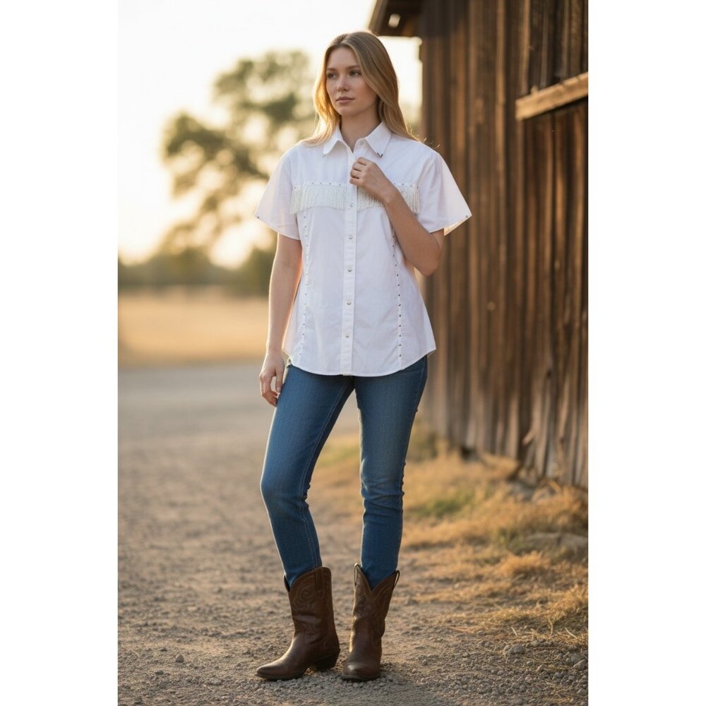 Panhandleslim Shirt Women's M White Western With Fringe & Studs Cowgirl Chic - Picture 11 of 12